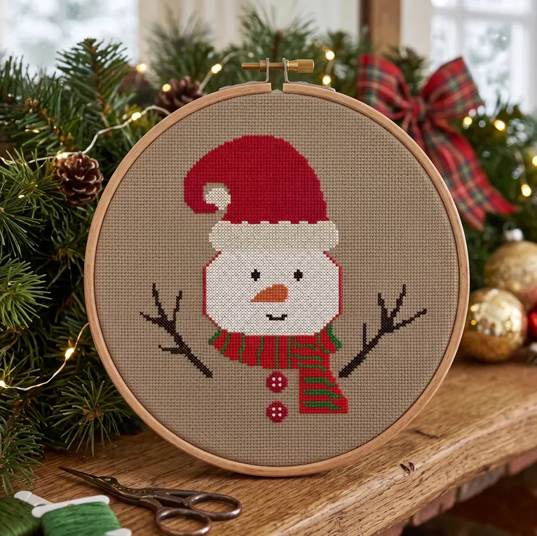 Snowman head cross stitch with a red Santa hat and scarf inside a wooden hoop.